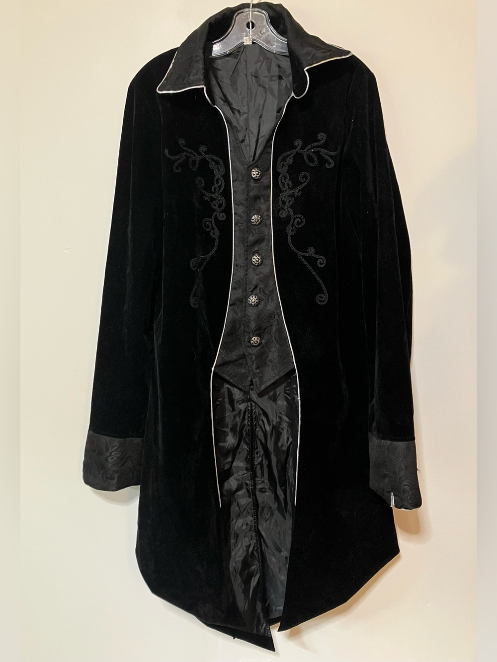 Men’s Gothic Velvet Vampire Cloak Frock Coat Tailcoat Embroidered Faux Vest L